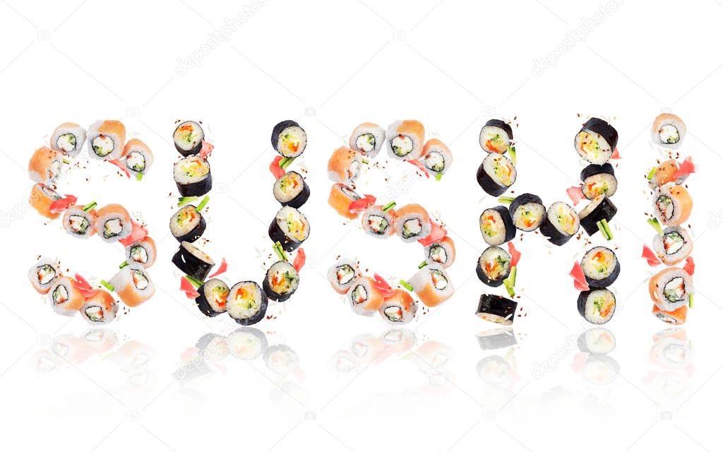 Inscription Sushi made of rolls in high resolution on white 