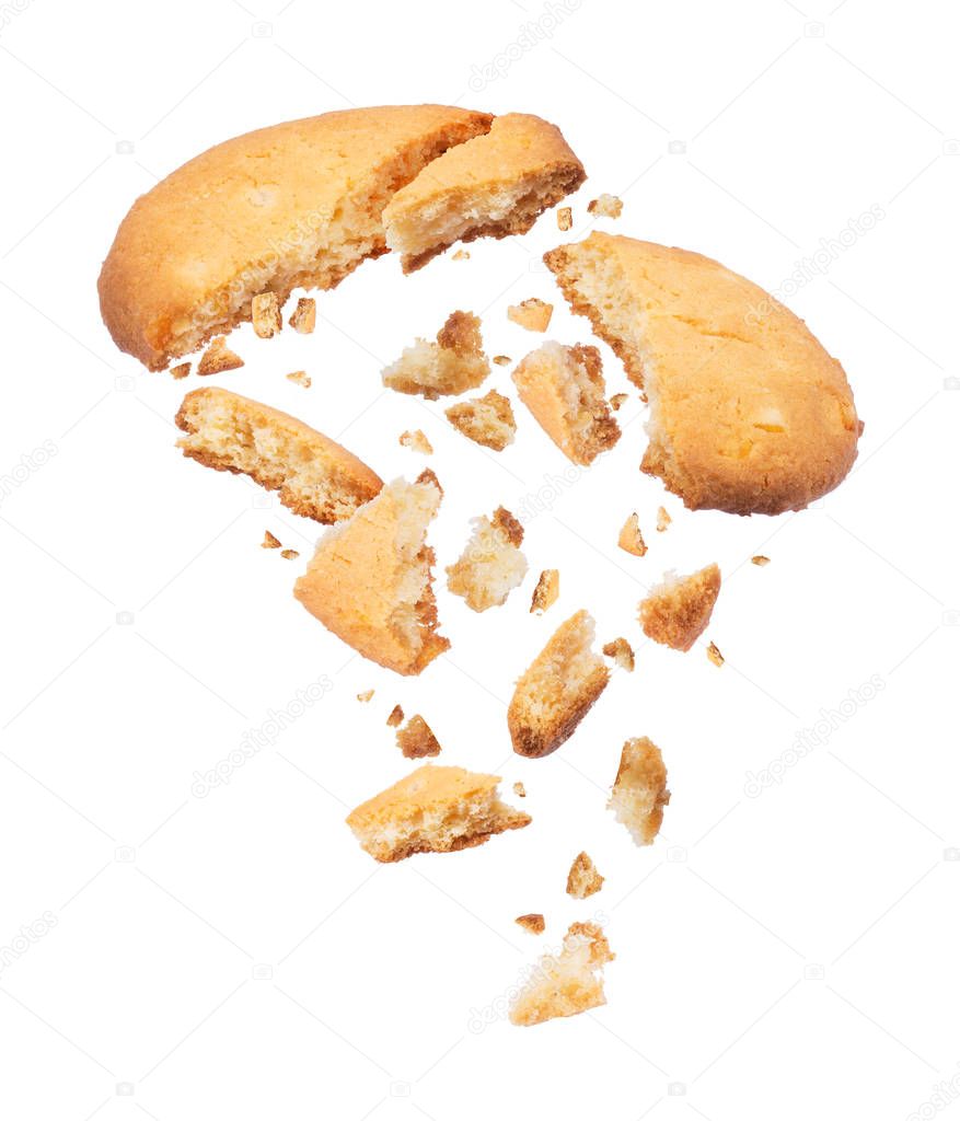 Biscuits crumbles into pieces close-up on a white background