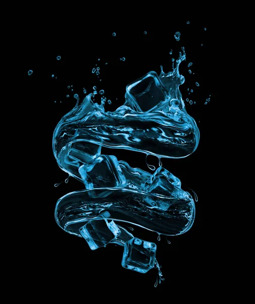 Ijsblokjes met spatten van water in een wervelende vorm op zwart — Stockfoto
