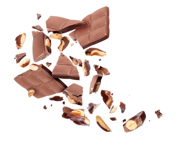 Barra Chocolate Con Tuercas Rotas Pedazos Aire Sobre Fondo Blanco — Foto de Stock