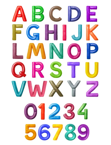 Alfabeto latino e números feitos de plasticina colorida, isolado em fundo branco — Fotografia de Stock