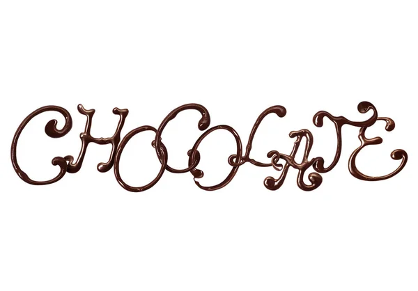 Inscripción Chocolate hecho de chocolate elegante fuente con remolinos, aislado sobre fondo blanco —  Fotos de Stock