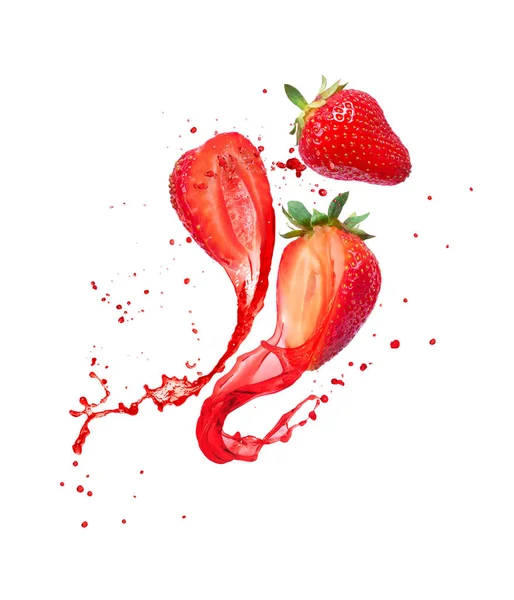 Juice splashes out from cutted strawberries on a white background — 스톡 사진