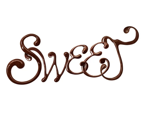 Napis Sweet wykonany z czekolady eleganckie czcionki z wirami, izolowane na białym tle — Zdjęcie stockowe