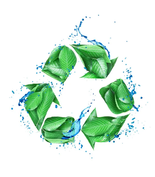 Le signe du recyclage créé à partir de feuilles vertes fraîches avec des gouttes d'eau — Photo