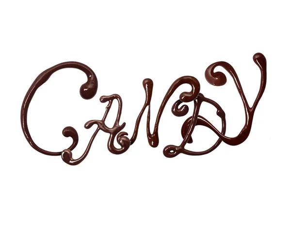 Inscripción Caramelo hecho de chocolate elegante fuente con remolinos, aislado sobre fondo blanco —  Fotos de Stock