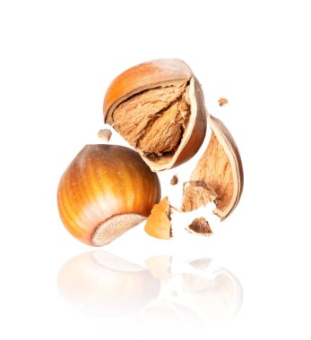 Bütün ve ezilmiş fındıklar havada donmuştu. Beyaz bir arka planda yakın plan.