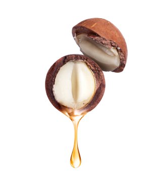 Macadamia cevizinden yağ damlıyor, yakın plan, beyaz arka planda izole edilmiş.