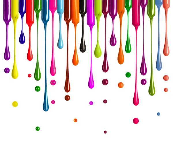 Colorful drops of nail polish drip from brushes isolated on white background — Stock Photo, Image