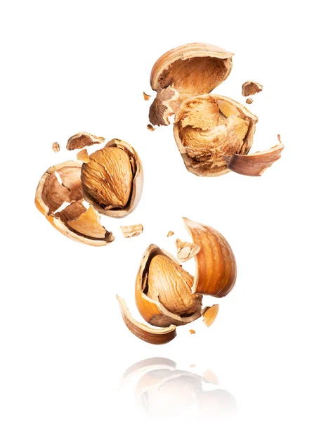 Group of crushed hazelnuts in the air close-up on a white background — 스톡 사진