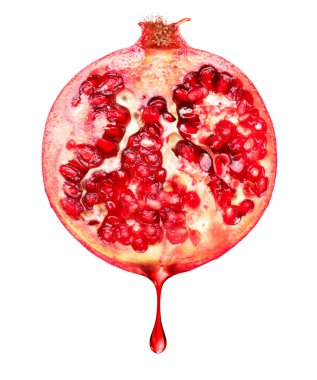 Drop of juice dripping from pomegranate, isolated on white background