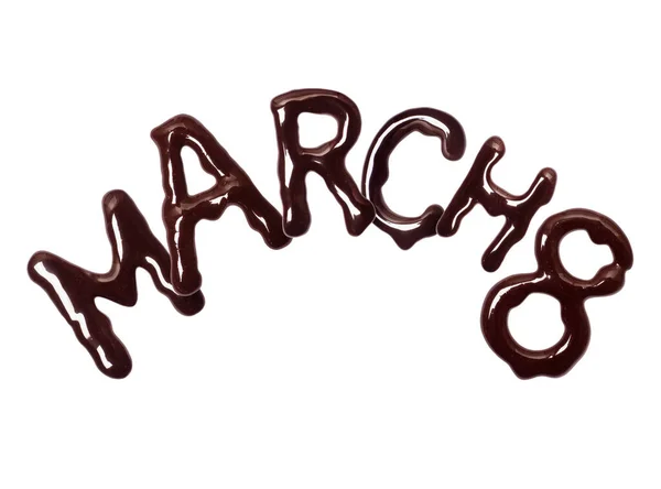 Inscripción 8 de marzo hecha de chocolate, aislada sobre fondo blanco —  Fotos de Stock