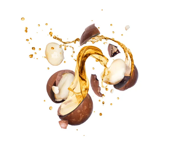Crushed Macadamia Nuts Splashes Oil Air Isolated White Background — Stock Photo, Image
