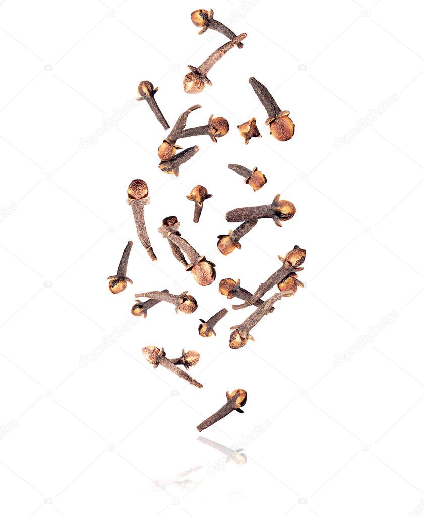 Dry cloves fall down, isolated on a white background