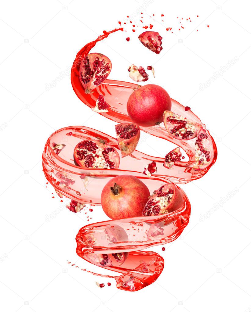 Pomegranate with splashes of juice in a swirling shape, isolated on white background