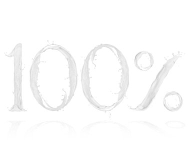 Number 100 and percent sign made with a splash of milk on white background clipart