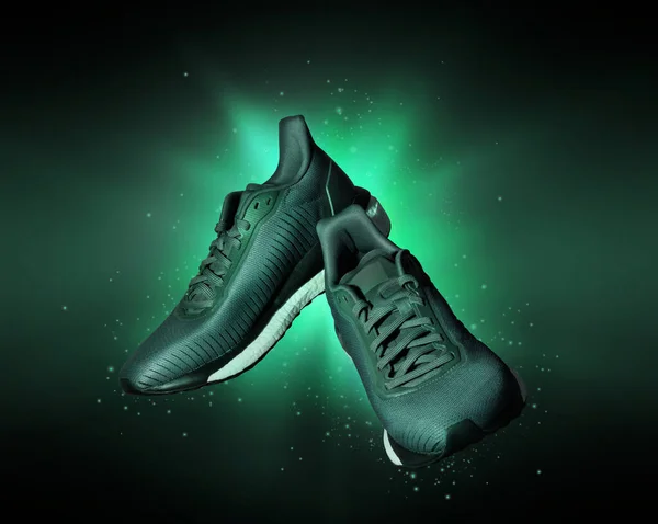Technological Running Shoes Flash Green Light Dark — Stock Photo, Image