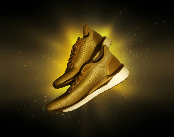 Technological Golden Running Shoes Flash Light Dark — Stock Photo, Image