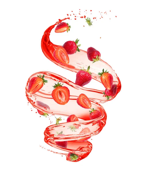 Erdbeeren Spritzern Saft Wirbelnder Form Isoliert Auf Weißem Hintergrund — Stockfoto
