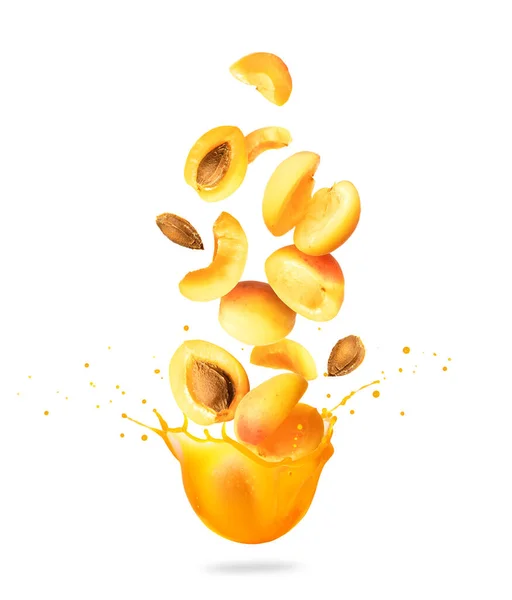 Whole Sliced Fresh Apricots Falling Splashes Juice White Background — Stock Photo, Image