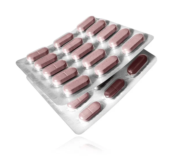 Két Buborékcsomagolás Tablettákkal Közelkép Izolált Fehér Alapon — Stock Fotó