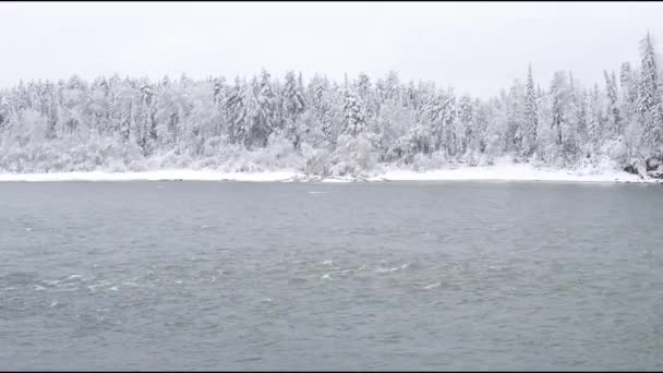 Luftaufnahme. Flug über den wunderschönen Winterfluss und den verschneiten Wald. Natur im Winter. Landschaftspanorama. altai, sibirien. — Stockvideo
