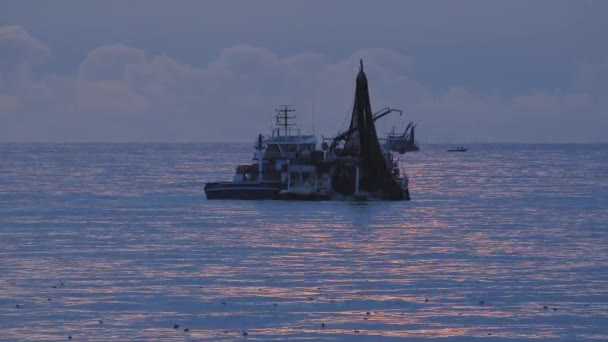 Un barco pesquero pesca en el mar . — Vídeos de Stock