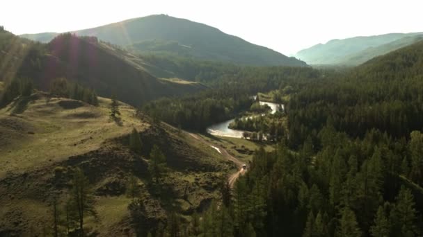 Vol au-dessus de la forêt images cinématographiques, photographie aérienne de la forêt de pins de la rivière et des montagnes. 4K — Video