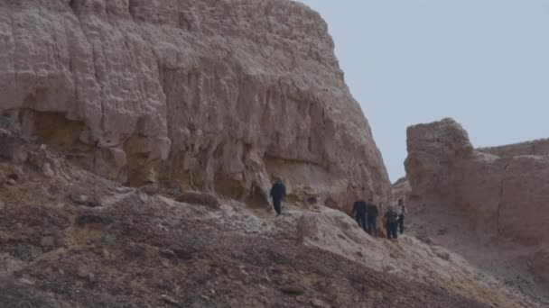 Touristen beobachten archäologische Ausgrabungen in der antiken Wüstenstadt Asiens — Stockvideo