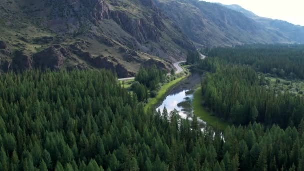 Photographie aérienne paysage de route forestière, rivière, montagnes 4k — Video