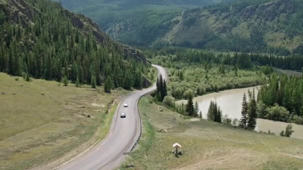 Fotografie aeriană Drumul dintre copaci de-a lungul râului conducând autoturisme pe drum — Videoclip de stoc