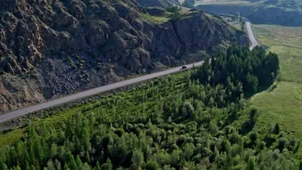 Аэрофотосъёмка Дорога между деревьями вдоль реки на автомобилях по дороге — стоковое видео