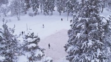 Karlı ormanda, çocuklar hokey oynar, köknar ağaçlarının arasında uçarlar. Noel