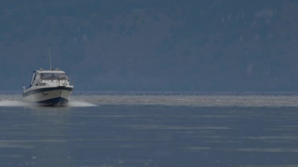 Hızlı motorlu tekne, gölün sakin sularında yüzen bir sürat teknesi. — Stok video