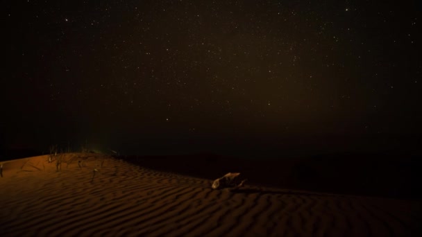 Timelapse rotación, estrellas que caen, alrededor de un cráneo acostado en una duna en el desierto — Vídeo de stock