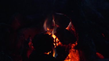 Ateş karanlıkta yanıyor, ormanın içinde. Şöminede odun ve alevler