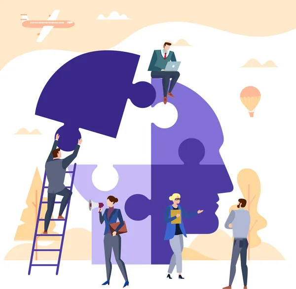 Concept Flat illustration. Business people team building a puzzle in the form of a head. — 스톡 벡터