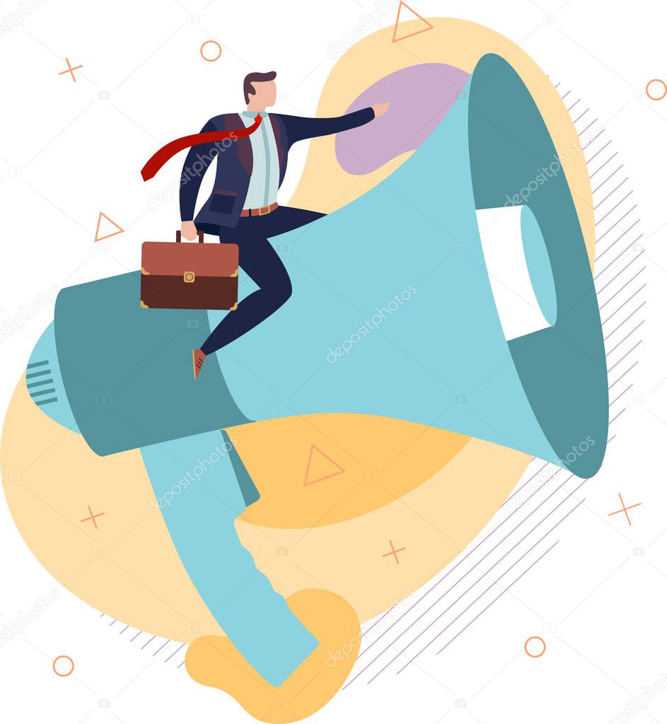 Businessman shouting on megaphone, flat style vector illustration