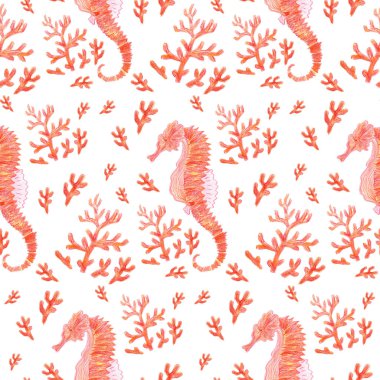 Açık kızıl deniz yazı deniz sakinlerinin görüntüsüyle kusursuz desenli: Deniz atı ve mercan. El çizimi. Beyaz bir arkaplanda izole edilmiş.