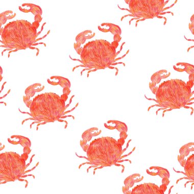 Kırmızı yengeçli, pürüzsüz denizci deseni. El çizimi. Deniz sakini. Beyaz bir arkaplanda izole edilmiş.