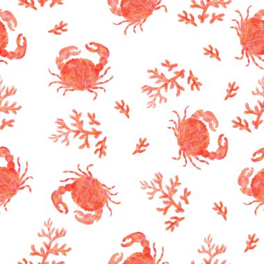 Deniz hayvanları ile parlak kırmızı, pürüzsüz desen: yengeç ve mercan. El çizimi. Deniz sakinleri. Beyaz bir arka planda izole edilmiş.. 