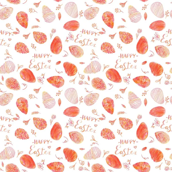 Easter eggs pattern in red-orange colors. Pencil doodle isolated on white background. With the phrase \