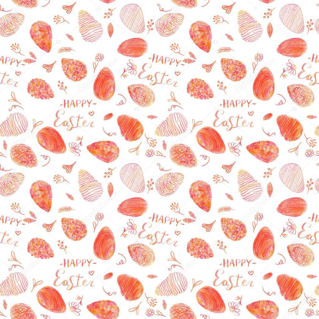 Easter eggs pattern in red-orange colors. Pencil doodle isolated on white background. With the phrase 
