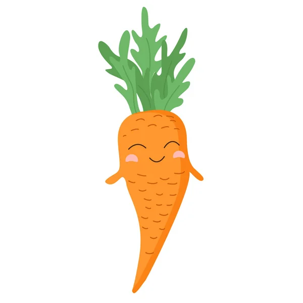 Niedliche orange Cartoon-Karotte. Wurzelpflanze, Wurzel, lustiges Essen, gesundes Gemüse, hübsches Gesicht. kawaii Essen. Carotin, Vitamin a. isoliertes Vektorbild auf weißem Hintergrund — Stockvektor