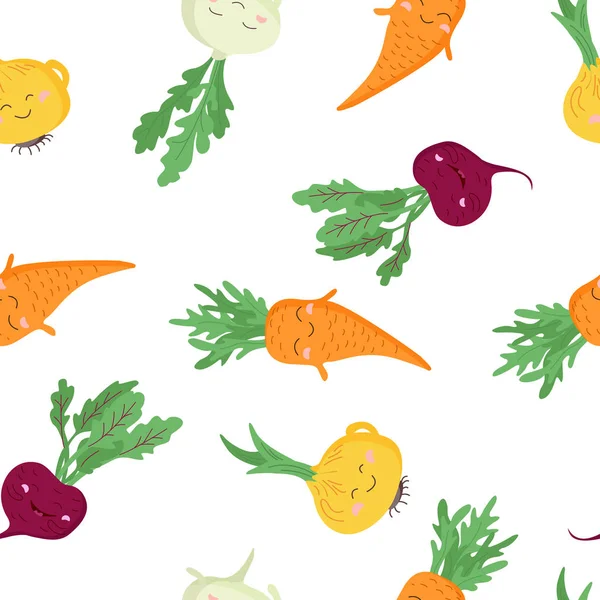 Pancar, havuç, soğan ve şalgam resimli hoş, pürüzsüz bir desen. Mutlu gülümseyen sebzeler. Sağlıklı yiyecekler, kök ekinler. Beyaz arkaplanda Kawaii deseni. Vektör görüntüsü.