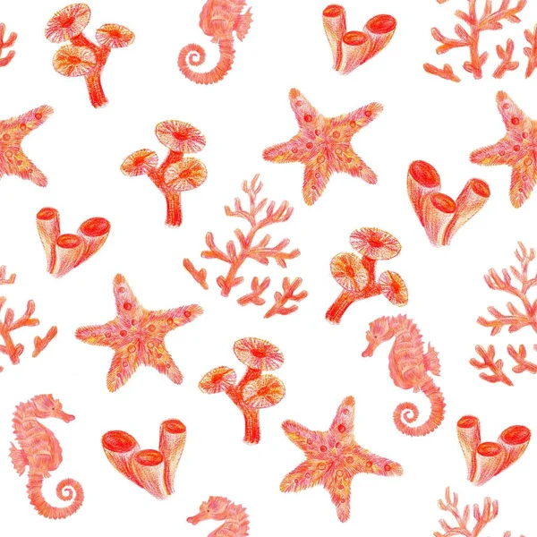 Kırmızı kalemle çizilmiş kusursuz el çizimi arka plan. Mercan resiflerinde yaşayan balıkların ve mercanların güzel desenleri. Kumaş üzerine baskı için desen. 