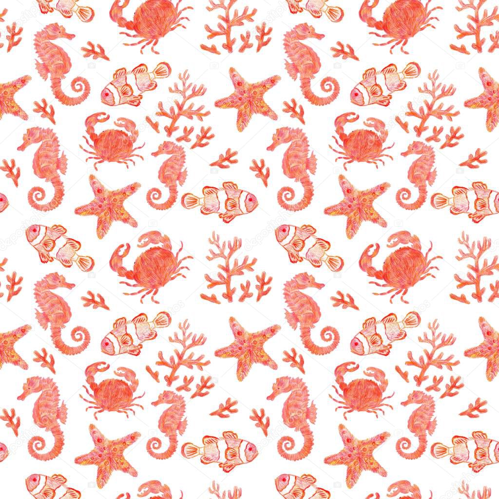 Seamless  hand-drawn background drawn by red pencil. Nice  pattern with inhabitants of the coral reef: seahorse,  crab,  fish, starfish and corals. Beautiful pattern for printing on fabric. Isolated image on a white background.