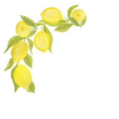Güzel dekore edilmiş düğün davetiyeleri için limon köşesi. Beyaz arka planda izole edilmiş sulu suluboya resimleme..
