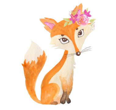 Bir kulağına çelenk takmış şirin bir tilki. Kızıl orman hayvanı. Suluboya çizimi beyaz arkaplanda izole edildi. Çocuk tasarımı için poster