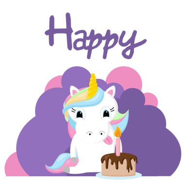 Pastası ve mumu olan şirin bir tek boynuzlu at. Pony doğum gününü kutluyor! Çocuk partisi, poster, kartpostal tasarımı.